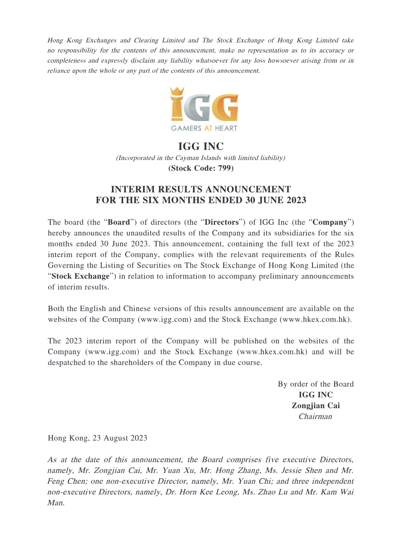 Cover of IGG Inc Interim Results Announcement: Six Months Ended 30 June 2023