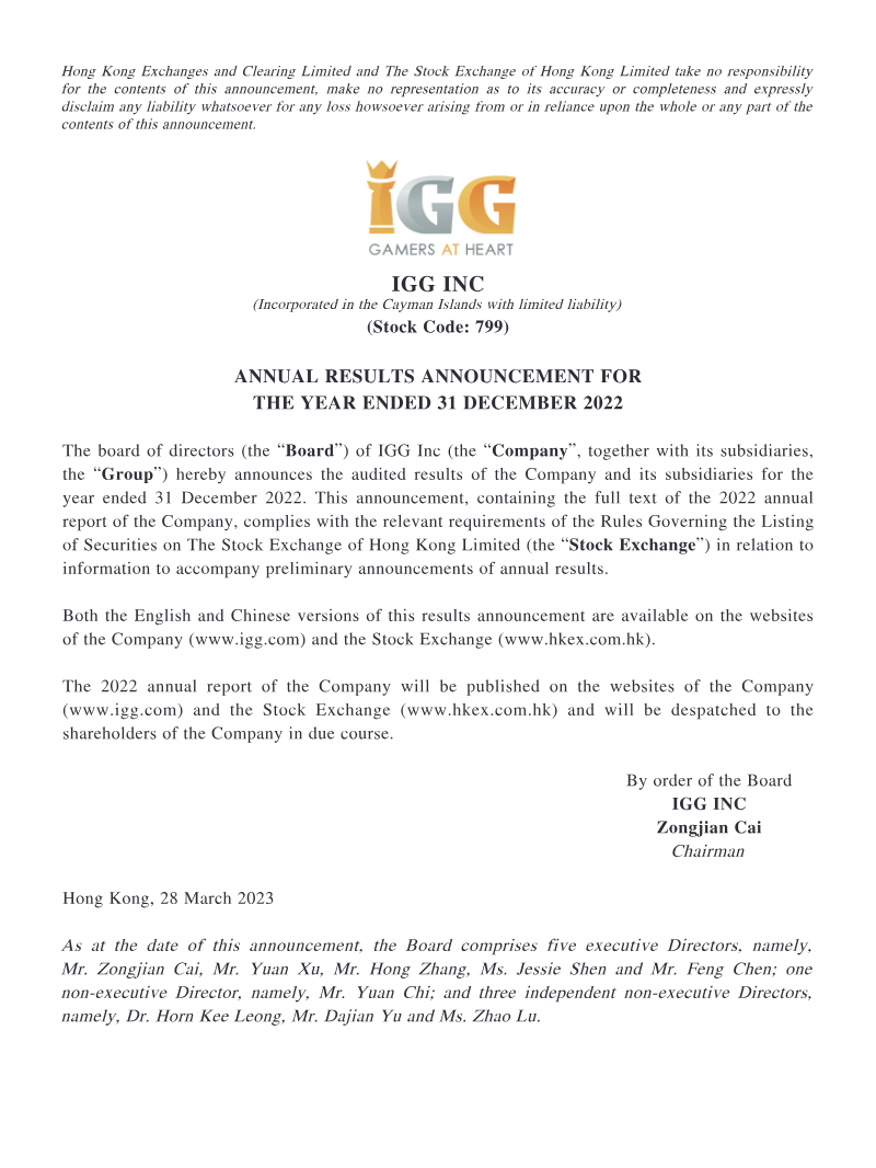 Cover of IGG Inc Annual Results Announcement: 2022