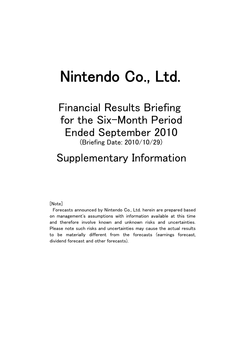 Cover of Financial Results Briefing for the Six-Month Period Ended September 2010: Supplementary Information