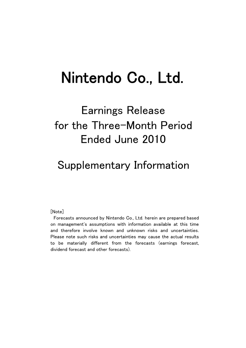 Cover of Earnings Release for the Three-Month Period Ended June 2010: Supplementary Information