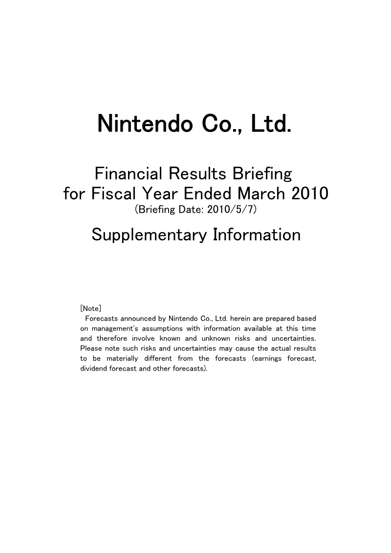 Cover of Financial Results Briefing for Fiscal Year Ended March 2010: Supplementary Information