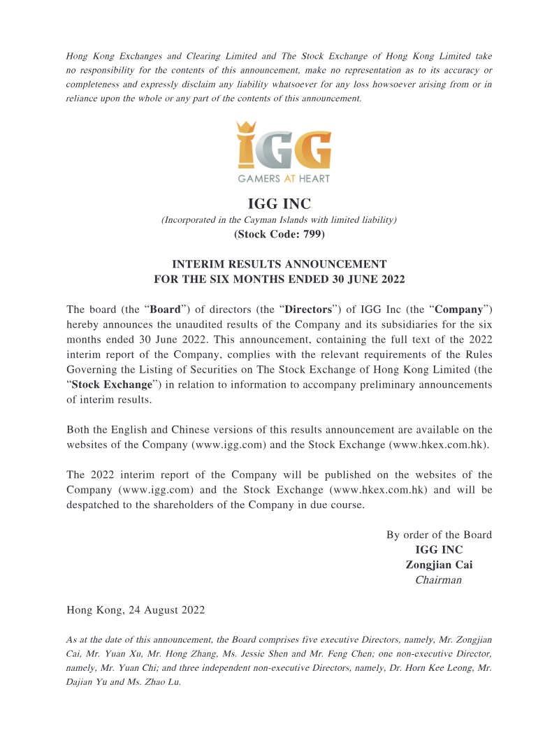 Cover of IGG Interim Results Announcement: Six Months Ended 30 June 2022