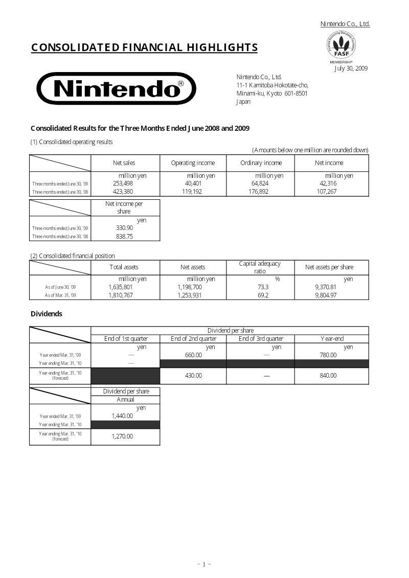 Cover of Consolidated Results for the Three Months Ended June 2008 and 2009