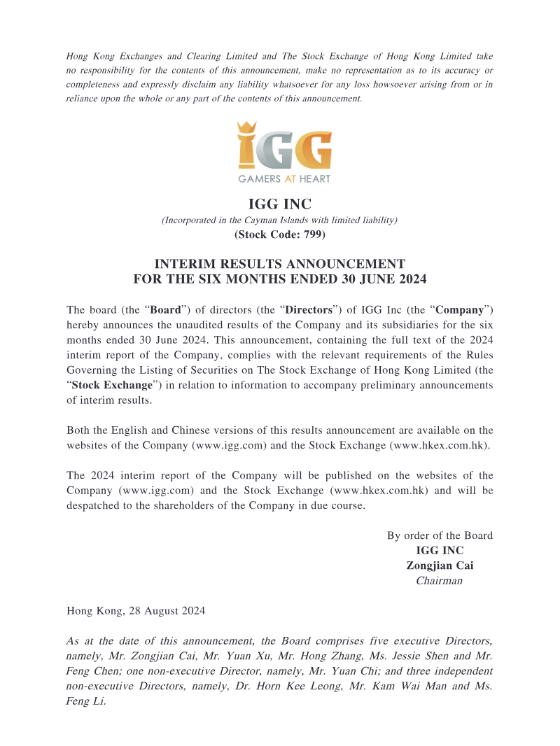 Cover of IGG Inc Interim Results Announcement for the Six Months Ended 30 June 2024