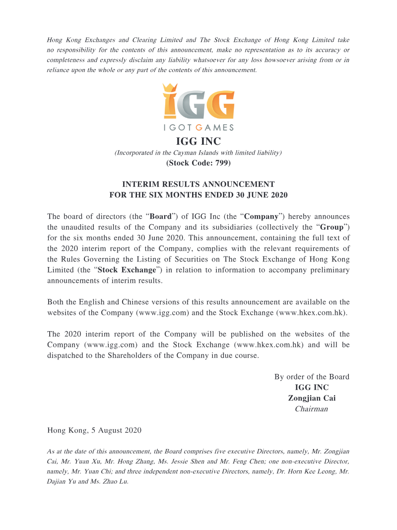 Cover of IGG Inc Interim Results Announcement for the Six Months Ended 30 June 2020