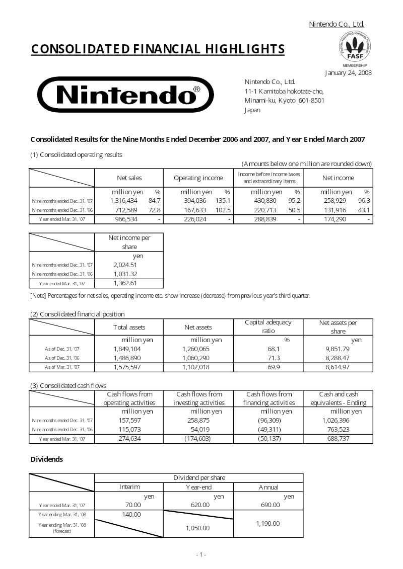 Cover of Consolidated Results for the Nine Months Ended December 2006 and 2007