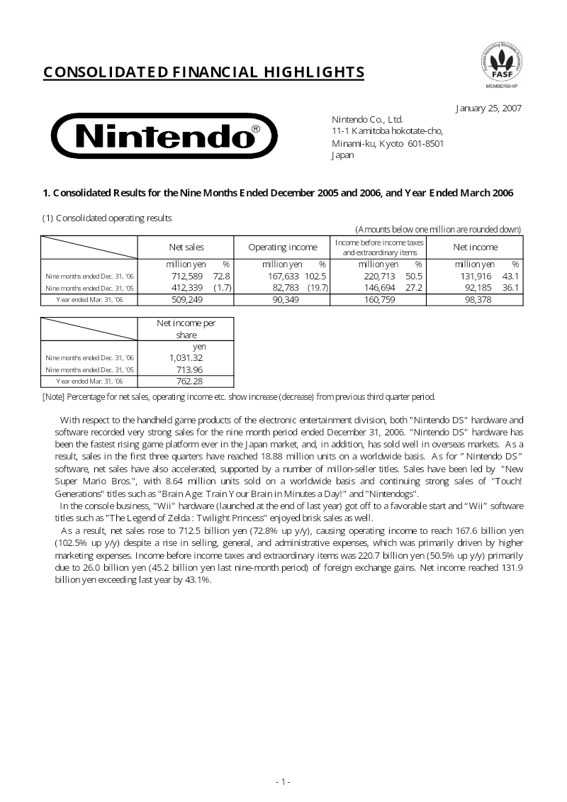 Cover of Consolidated Financial Highlights: Nine Months Ended December 2006