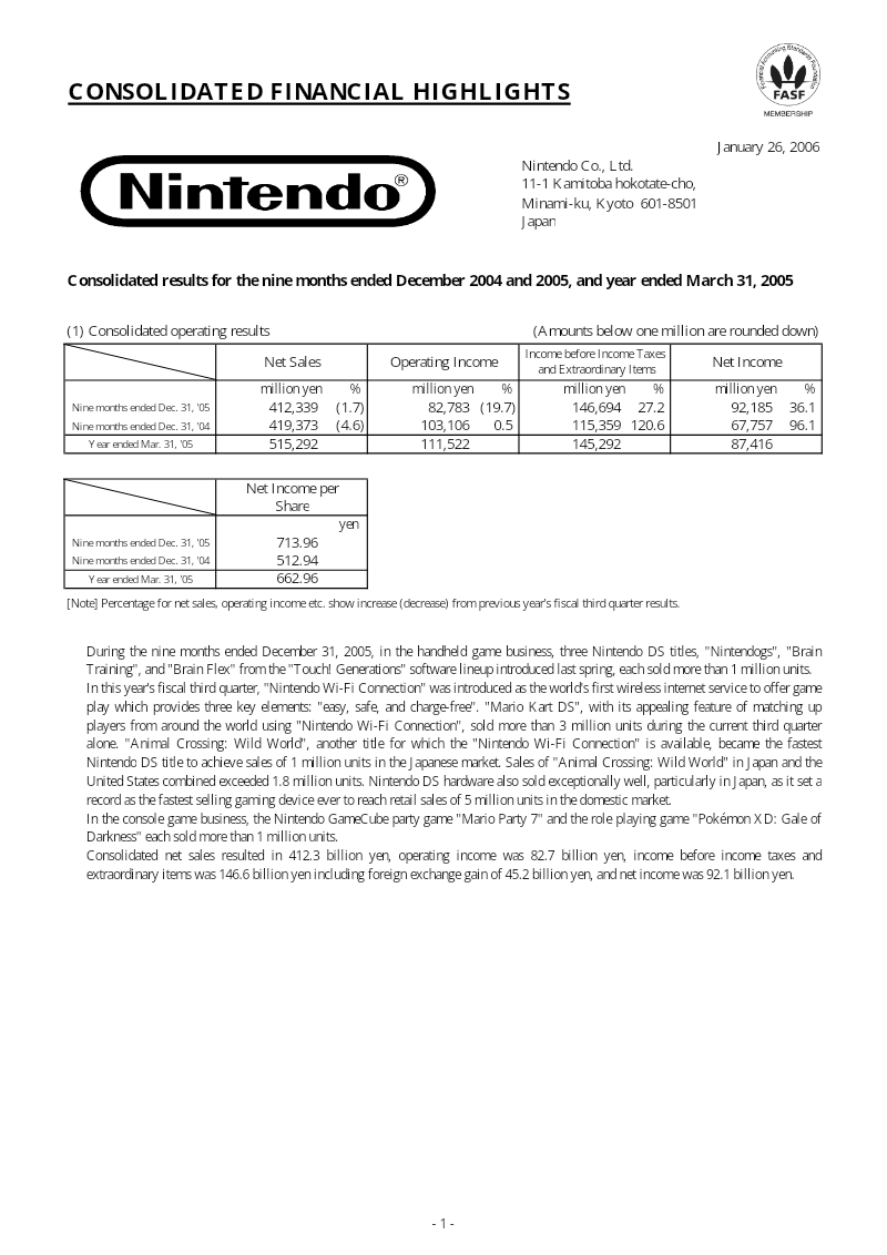 Cover of Nintendo Consolidated Financial Highlights: Nine Months Ended December 2005