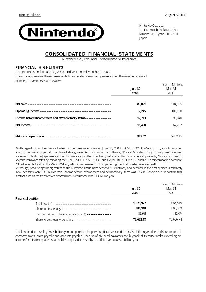 Cover of Consolidated Financial Statements: Three Months Ended June 30, 2003