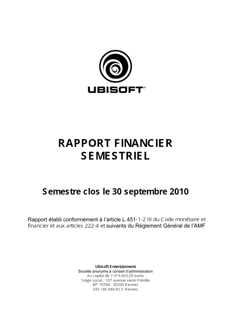 Cover of Ubisoft Entertainment: Financial Half-Year Report 2010-11