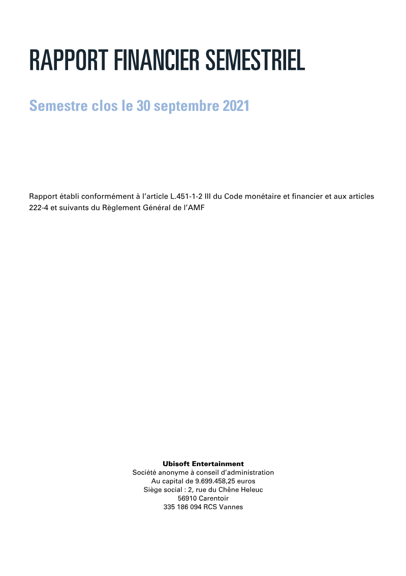 Cover of Ubisoft Entertainment: Rapport financier semestriel 2021-22