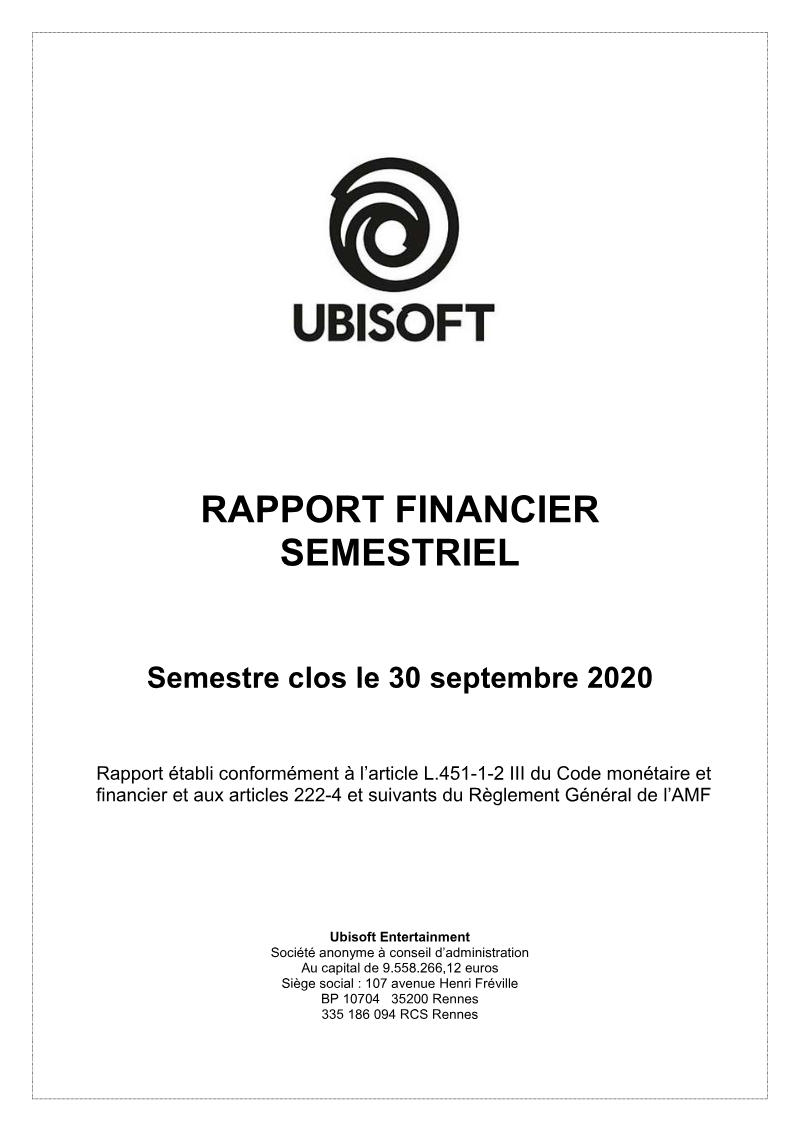 Cover of Ubisoft Rapport Financier Semestriel 2020-21