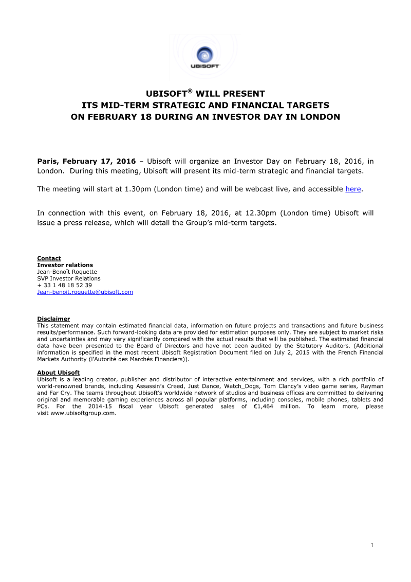 Cover of Ubisoft Mid-term Strategic and Financial Targets