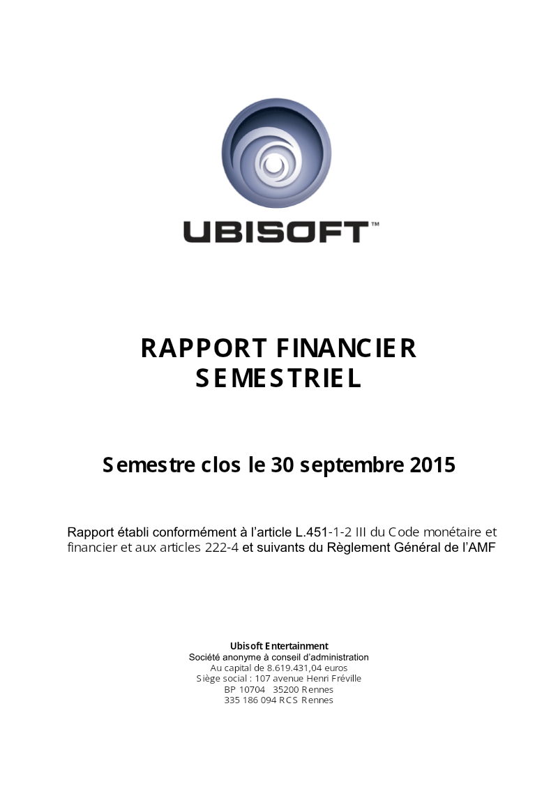 Cover of Ubisoft Entertainment: Financial Half-Year Report 2015-16