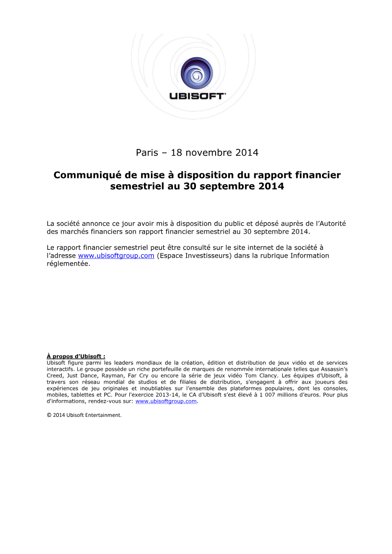 Cover of Ubisoft Semi-Annual Financial Report: September 30, 2014