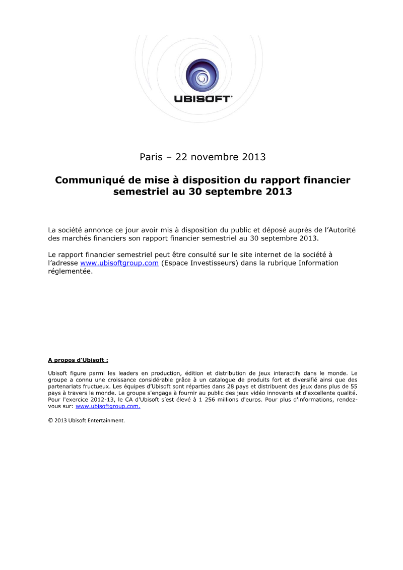 Cover of Ubisoft Semestral Financial Report: September 30, 2013