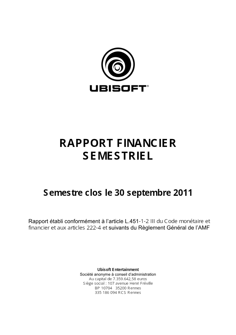 Cover of Ubisoft Financial Half-Year Report: 2011-12