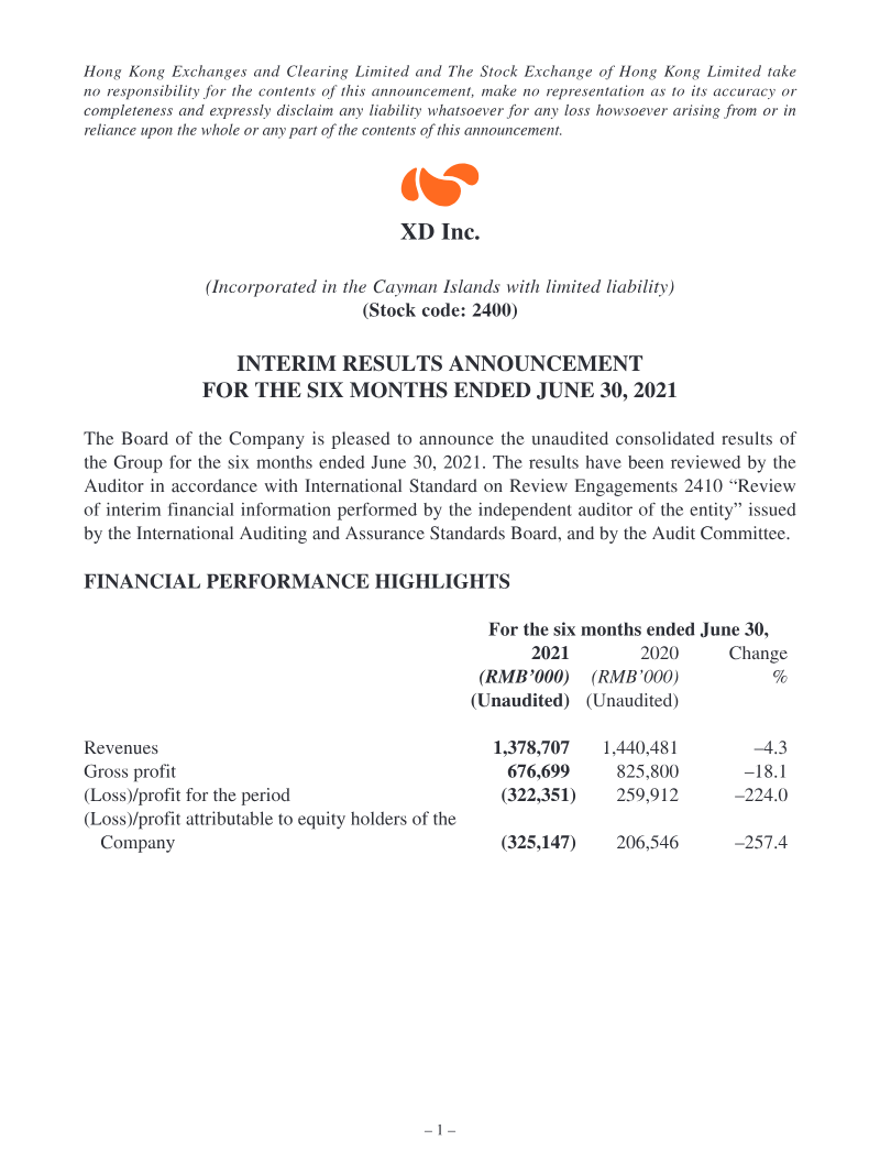 Cover of XD Inc. Interim Results Announcement: Six Months Ended June 30, 2021