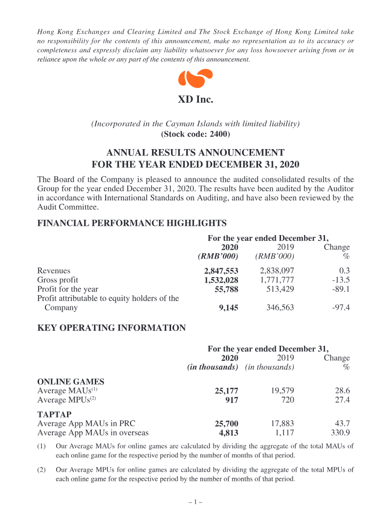 Cover of XD Inc. Annual Results Announcement 2020