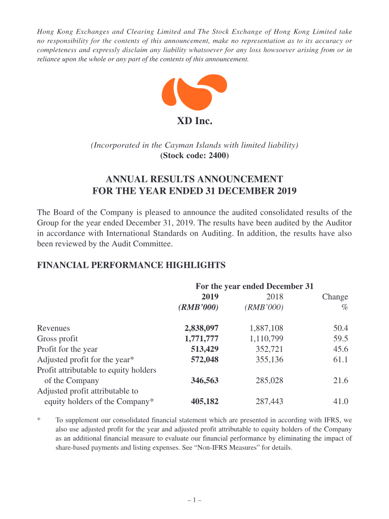 Cover of XD Inc. Annual Results Announcement for the Year Ended 31 December 2019