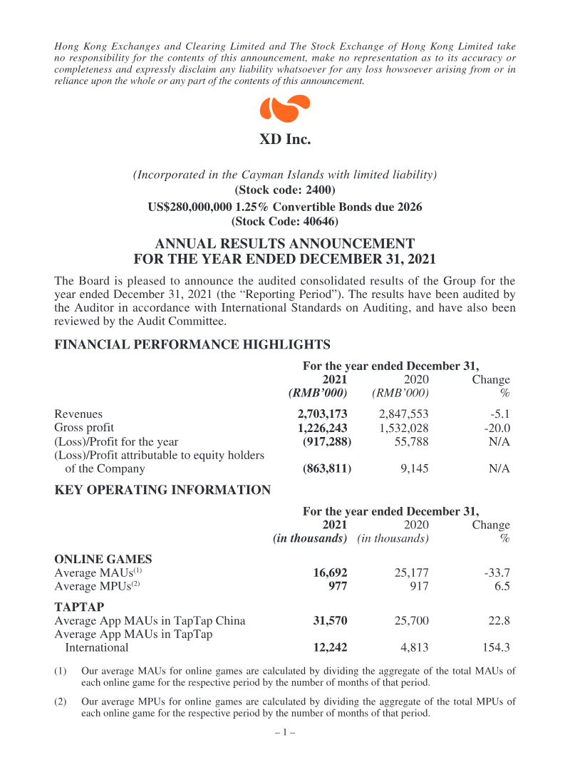 Cover of XD Inc. Annual Results Announcement 2021