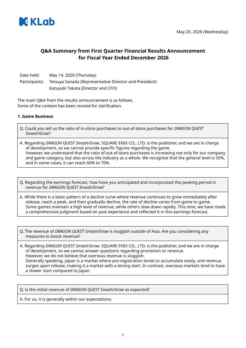 Cover of KLab Q1 2026 Financial Results: Q&A Summary