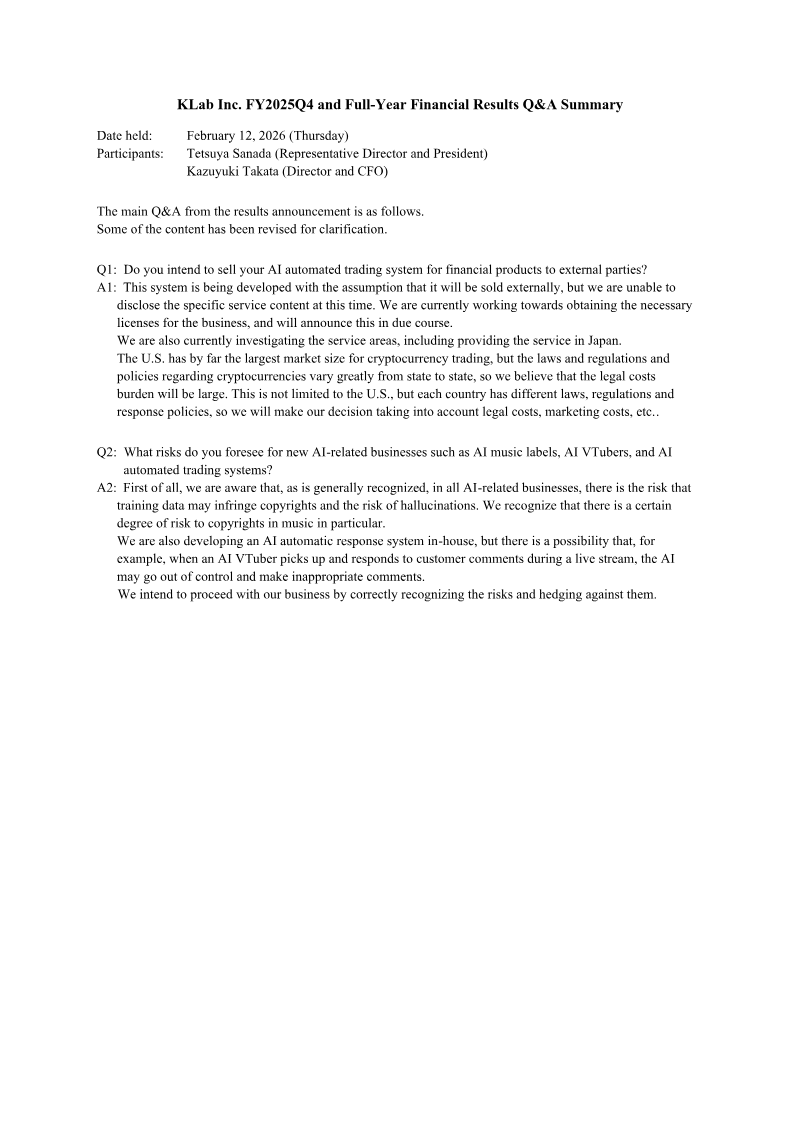 Cover of KLab FY2025 Q4 and Full-Year Financial Results Q&A Summary
