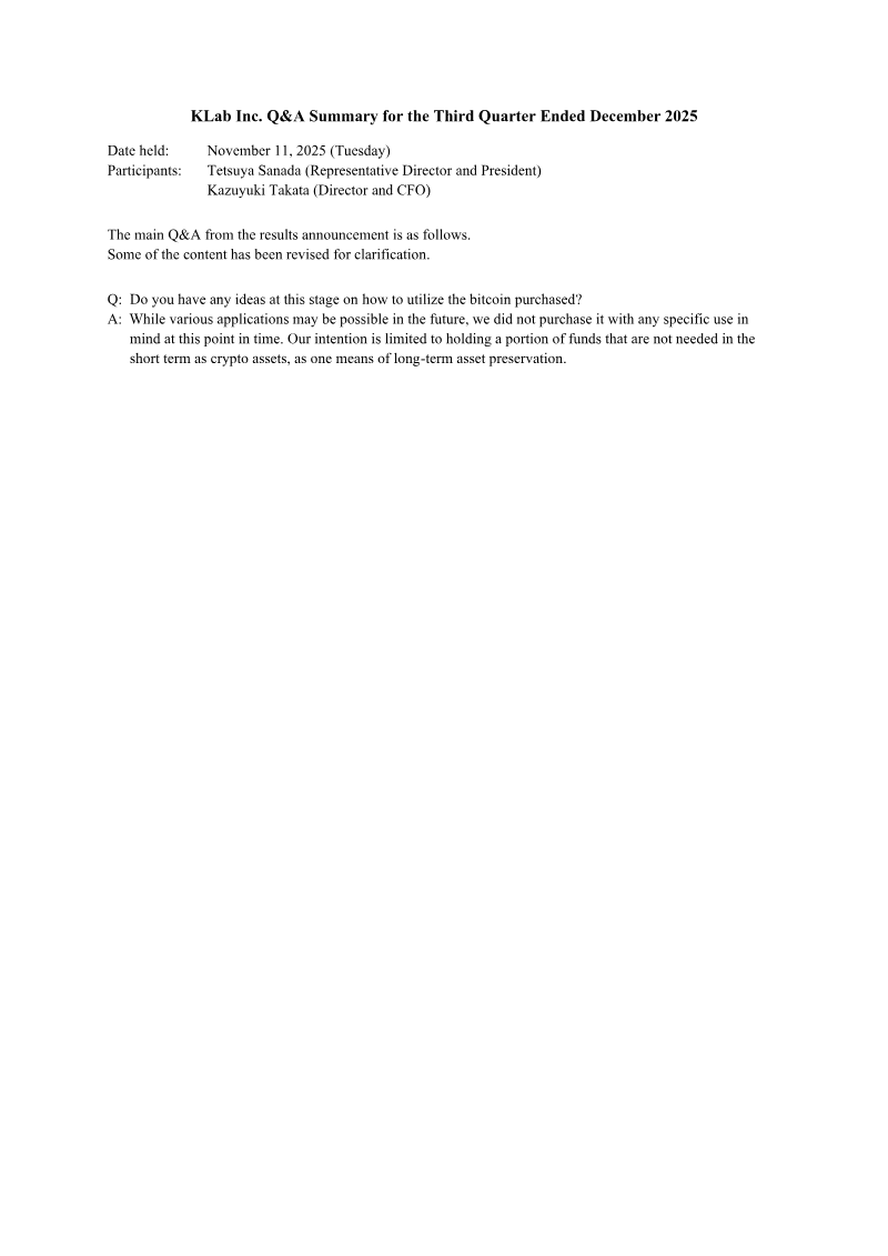 Cover of KLab Q&A Summary for the Third Quarter Ended December 2025