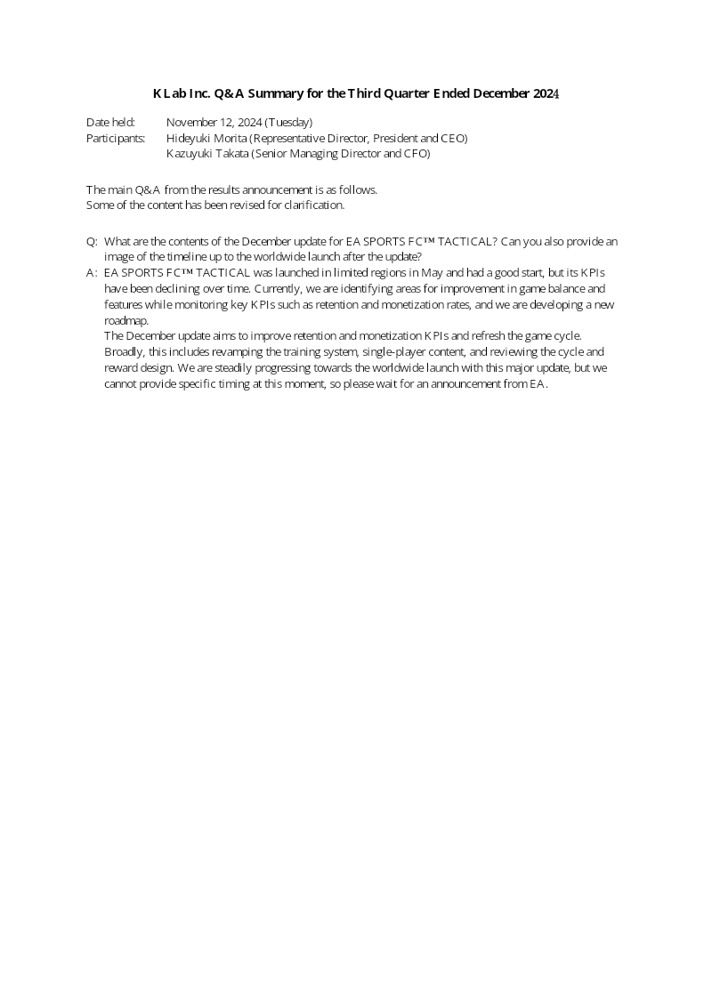Cover of KLab Q&A Summary: Third Quarter Ended December 2024