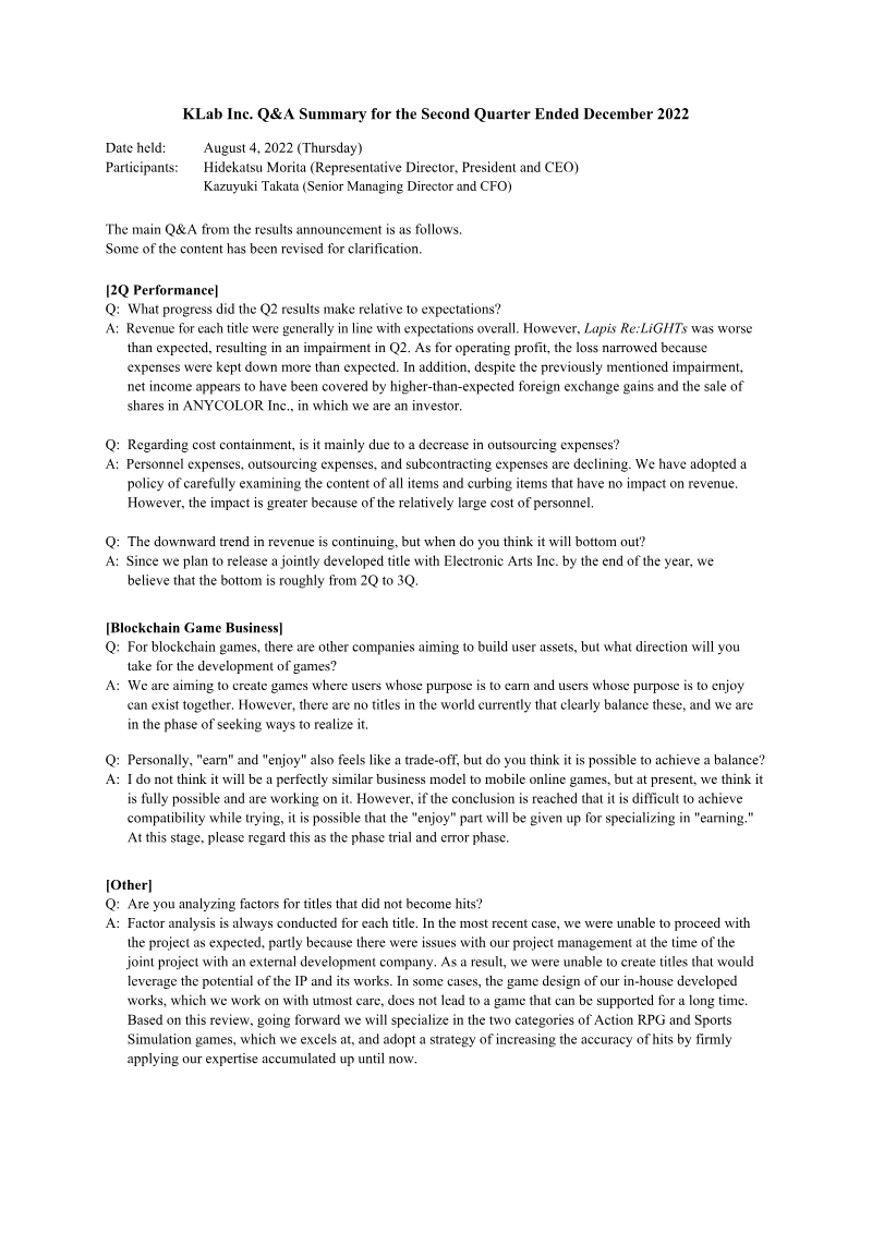 Cover of KLab Q&A Summary for the Second Quarter Ended December 2022