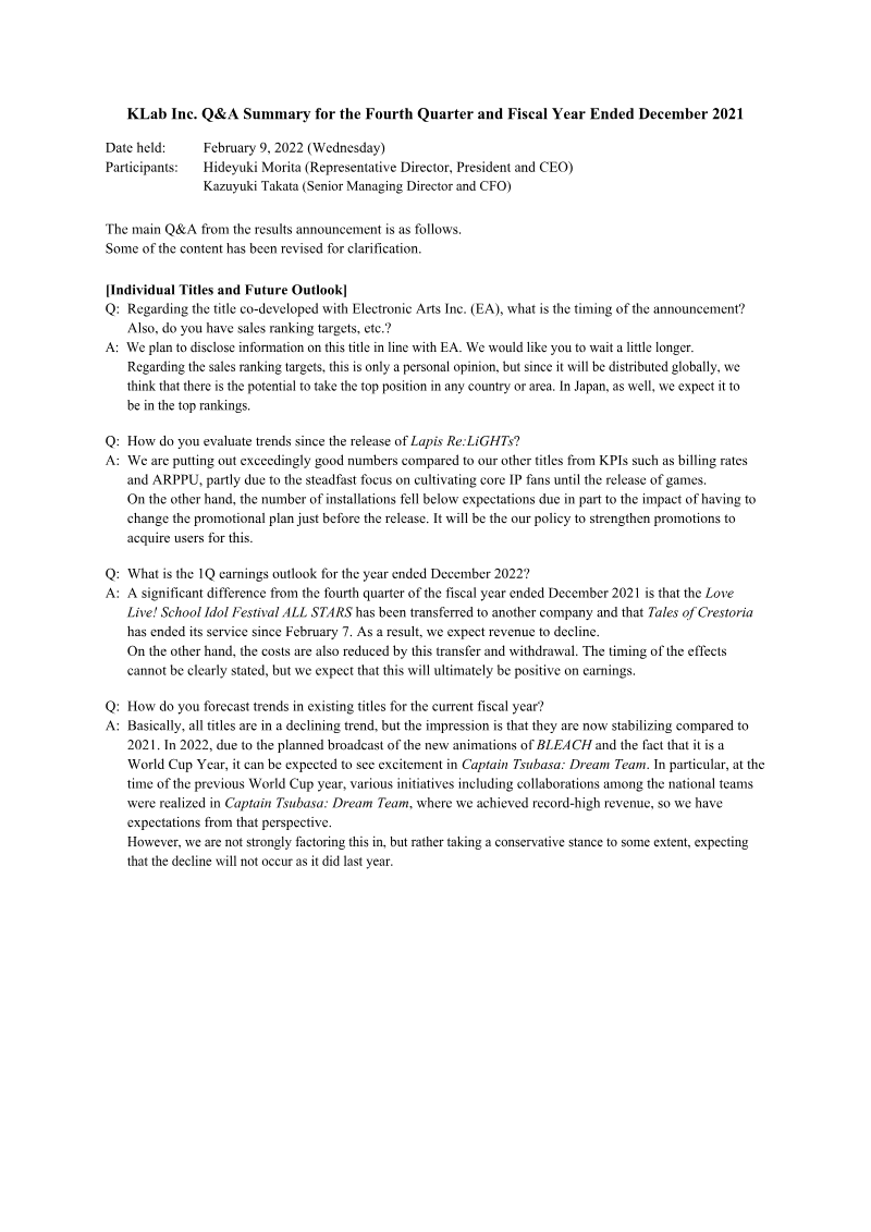 Cover of KLab Q&A Summary: Fourth Quarter and Fiscal Year Ended December 2021