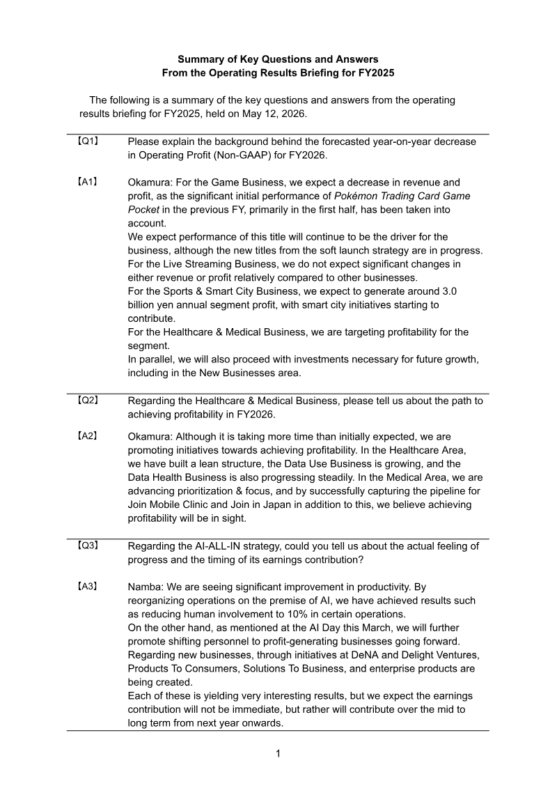 Cover of DeNA FY2025 Operating Results Briefing: Summary of Key Questions and Answers