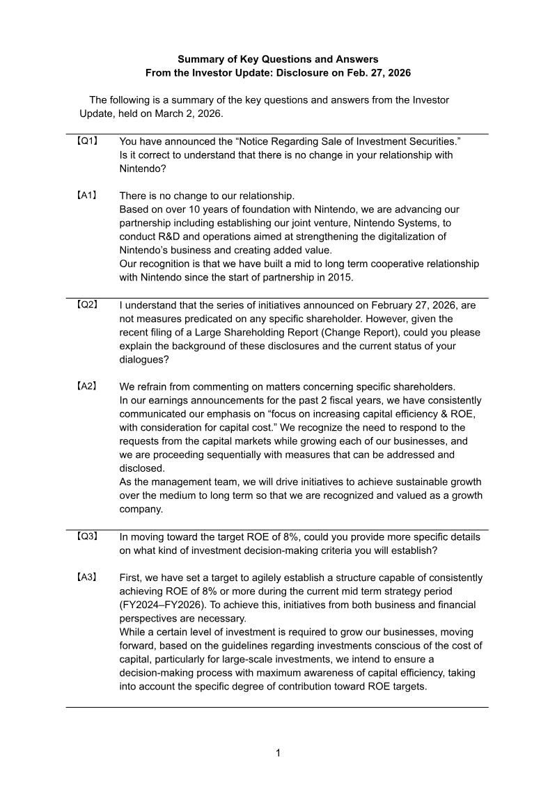 Cover of DeNA Investor Update: Q&A Summary