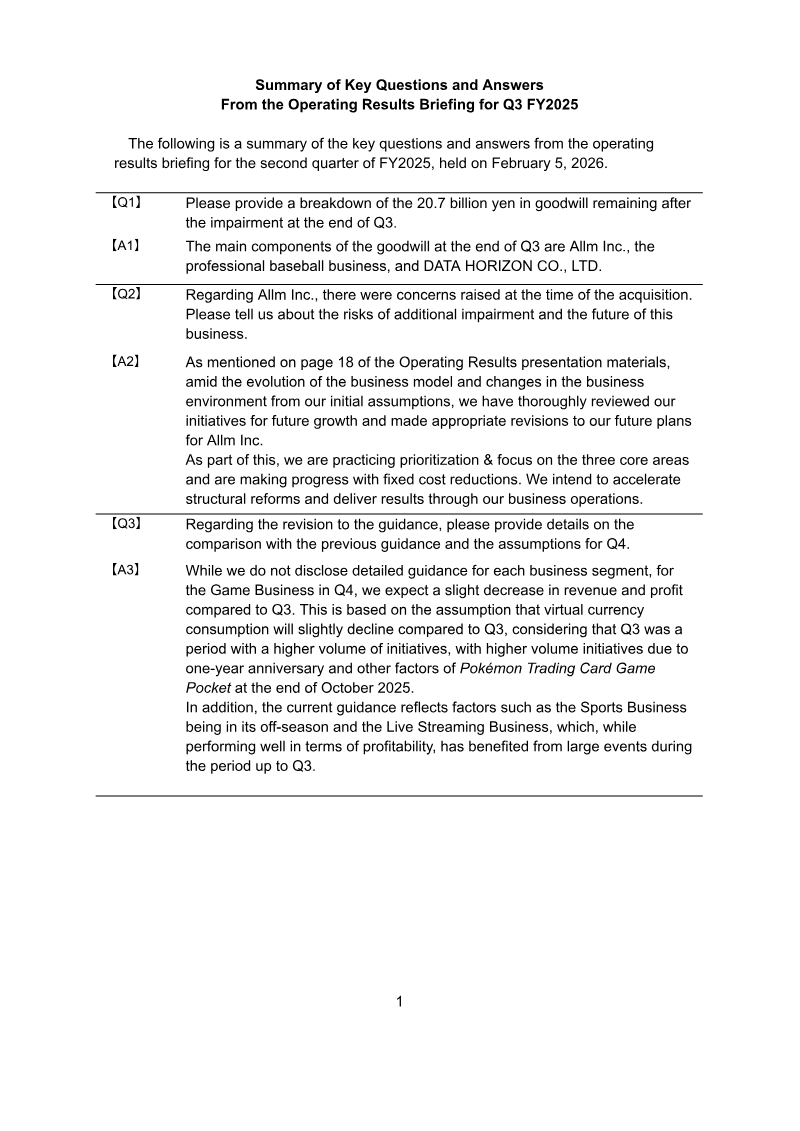 Cover of Summary of Key Questions and Answers: Q3 FY2025 Operating Results Briefing