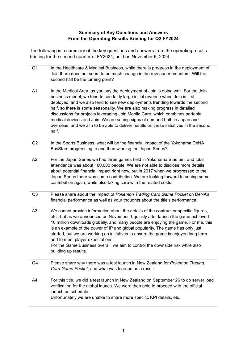Cover of DeNA Q2 FY2024 Financial Results Briefing: Summary of Key Questions and Answers