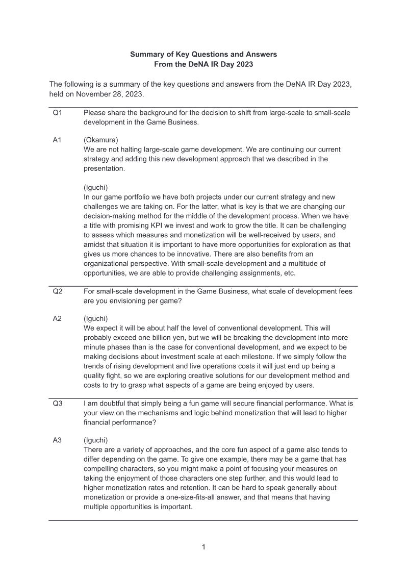 Cover of DeNA IR Day 2023: Summary of Key Questions and Answers