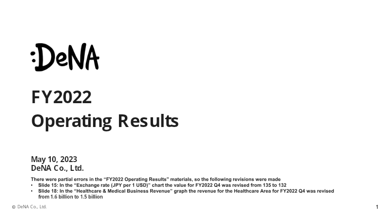 Cover of DeNA FY2022 Operating Results
