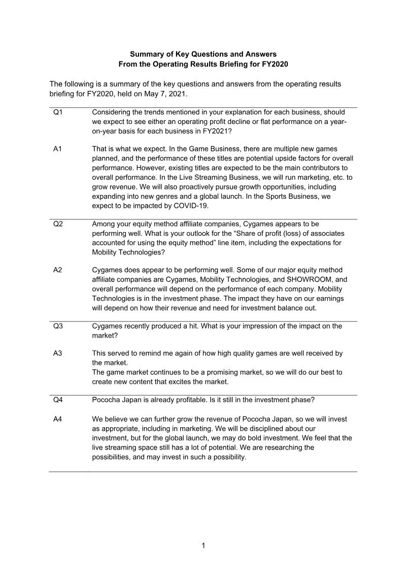 Cover of DeNA FY2020 Results Briefing Q&A Summary