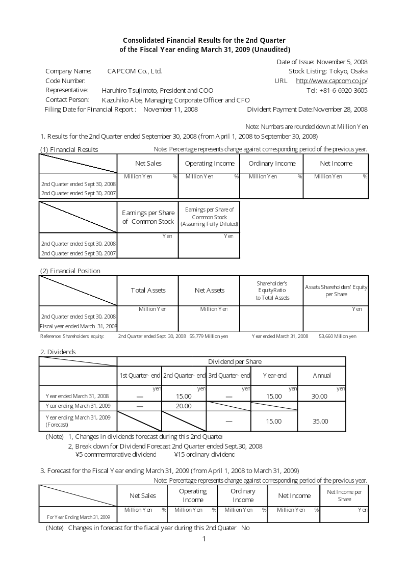 Cover of Capcom Consolidated Financial Results: 2nd Quarter Fiscal Year 2009