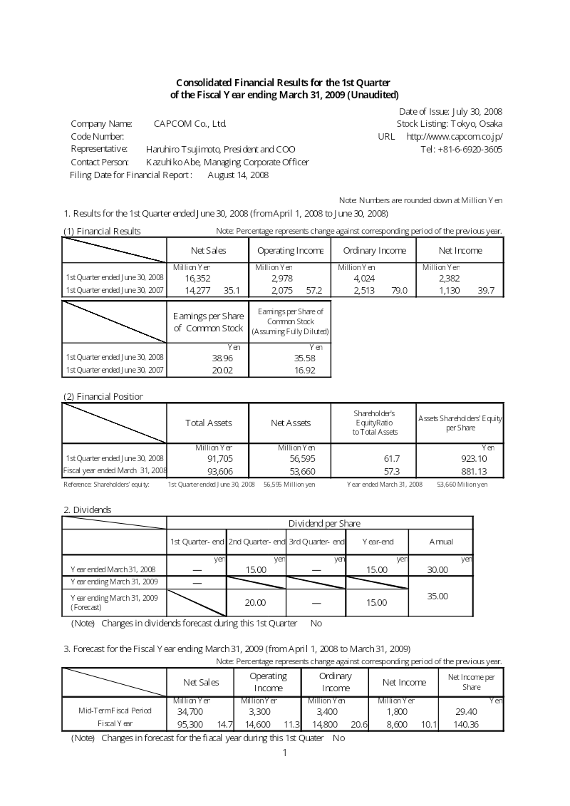 Cover of Capcom Q1 FY2009 Consolidated Financial Results