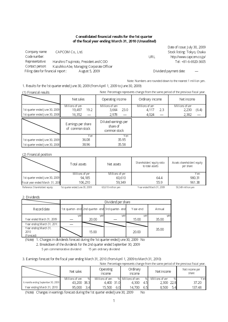 Cover of Capcom Consolidated Financial Results: 1st Quarter FY2010