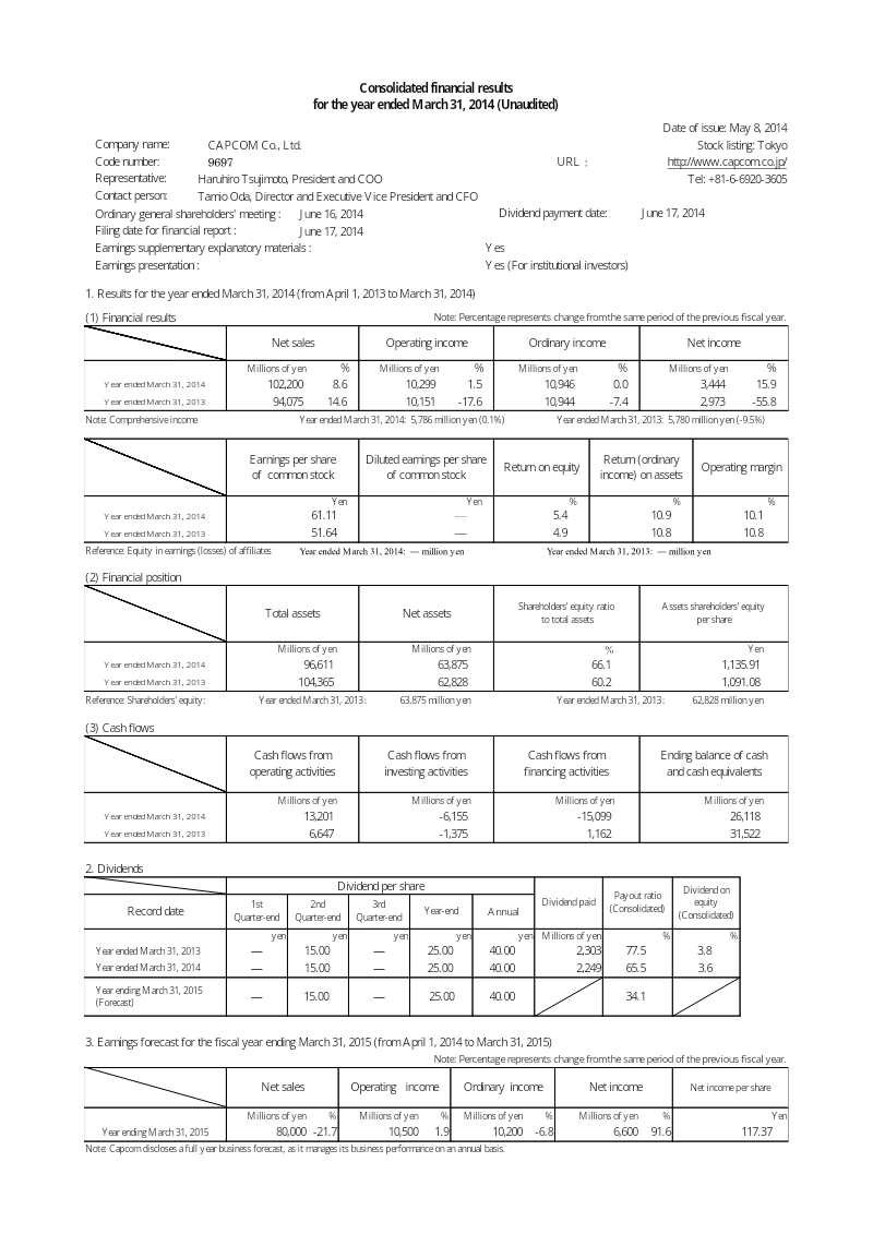 Cover of Capcom Consolidated Financial Results for the Year Ended March 31, 2014