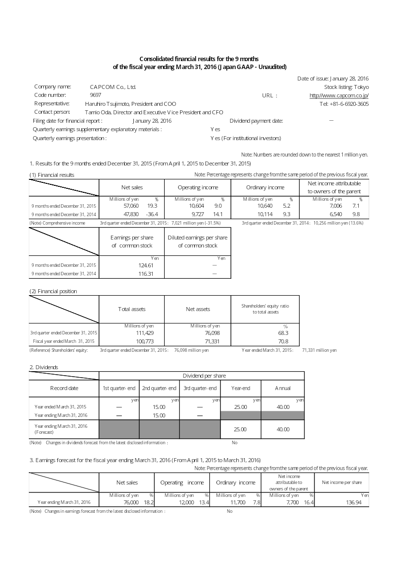 Cover of Capcom Consolidated Financial Results for the 9 Months of the Fiscal Year Ending March 31, 2016