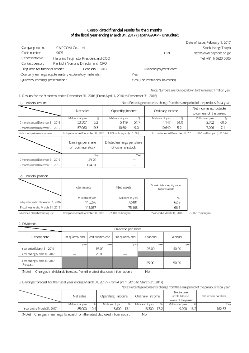 Cover of Capcom Consolidated Financial Results: 9 Months Ended March 31, 2017