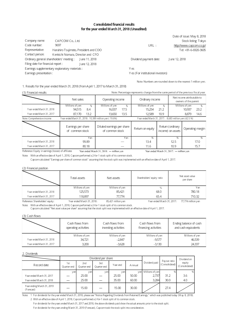Cover of Capcom Consolidated Financial Results: Year Ended March 31, 2018