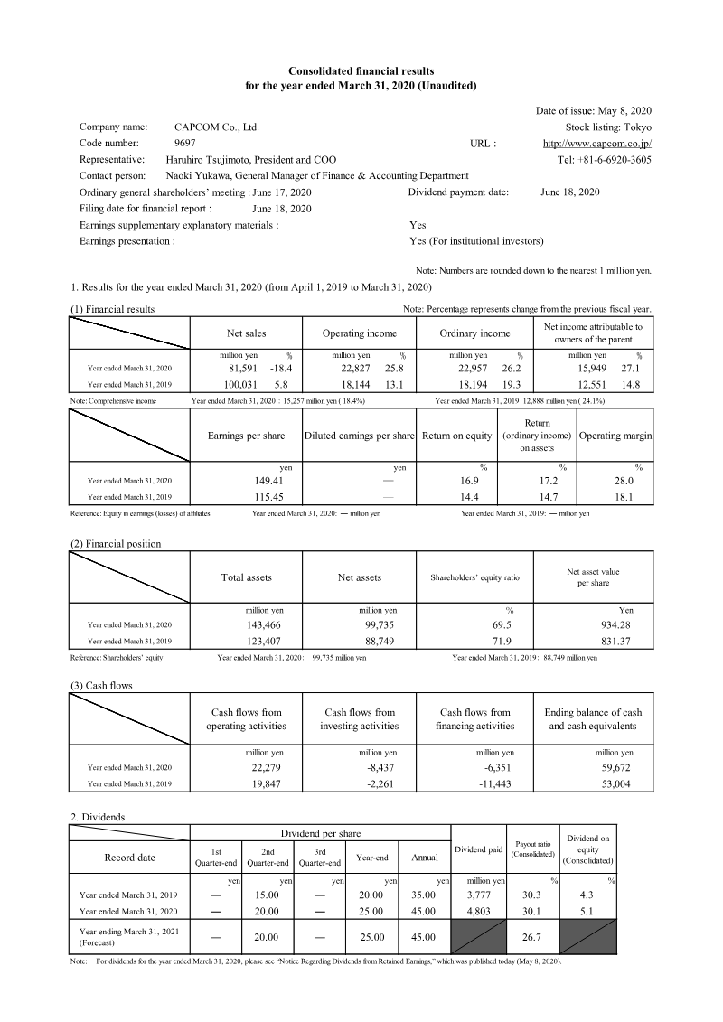 Cover of Capcom Consolidated Financial Results for the Year Ended March 31, 2020