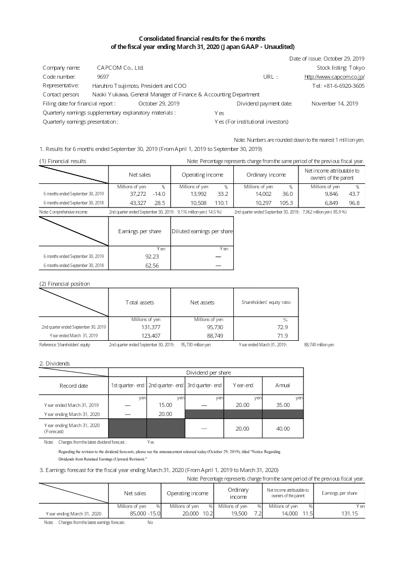 Cover of Capcom Consolidated Financial Results: 6 Months Ended September 30, 2019