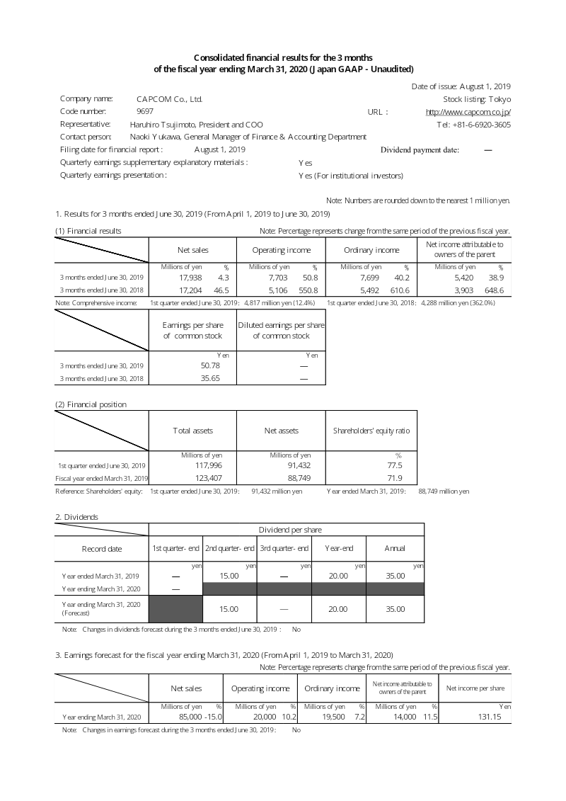 Cover of Capcom Consolidated Financial Results for the 3 Months of the Fiscal Year Ending March 31, 2020