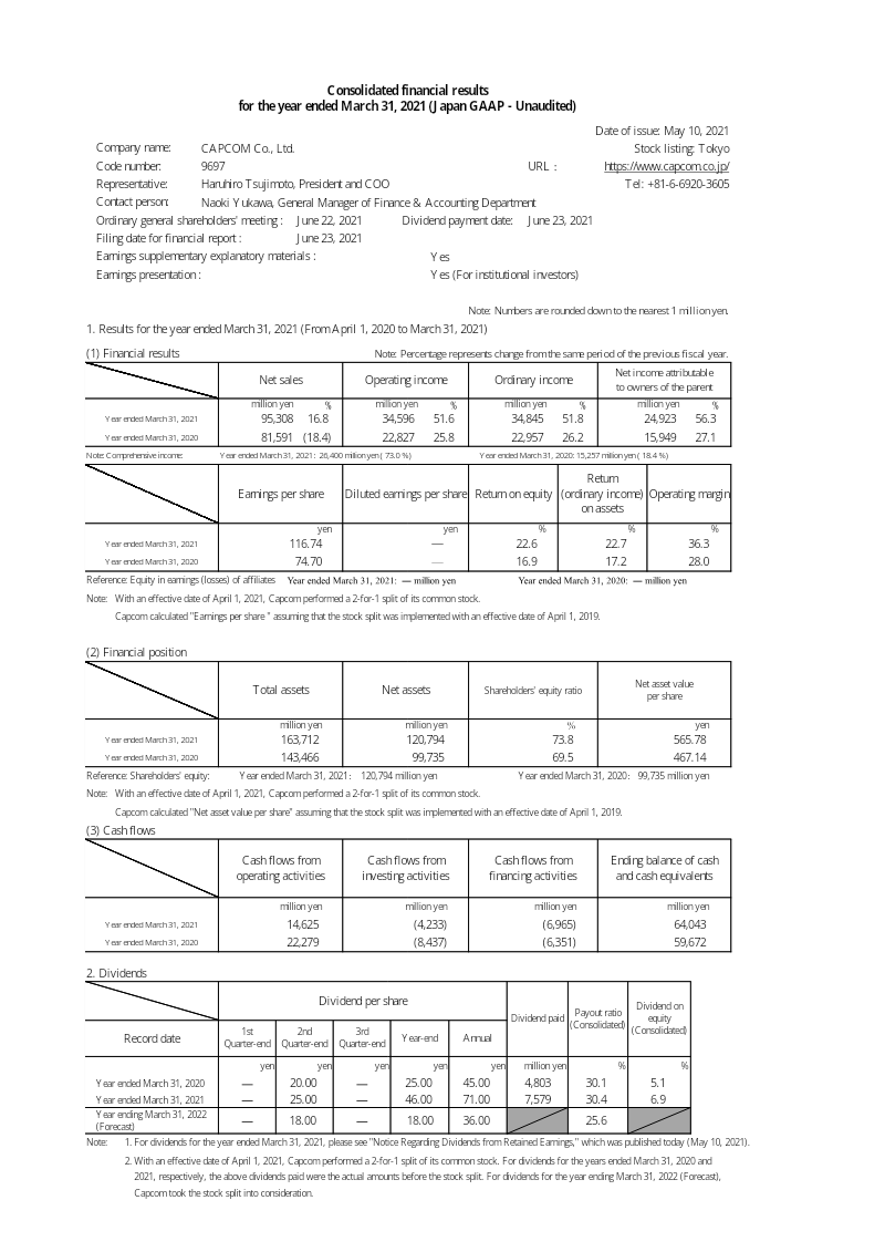 Cover of Capcom Consolidated Financial Results for the Year Ended March 31, 2021