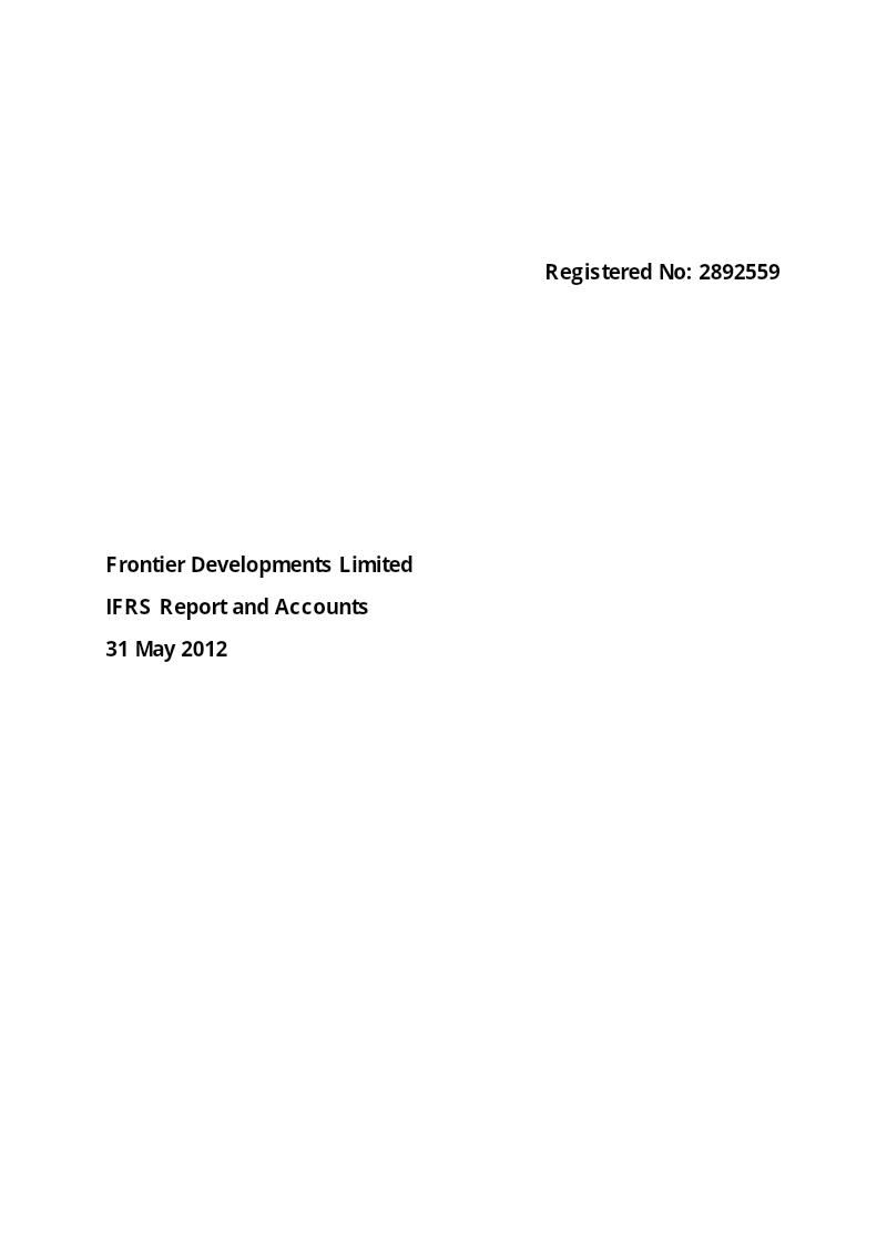 Cover of Frontier Developments IFRS Report and Accounts 2012